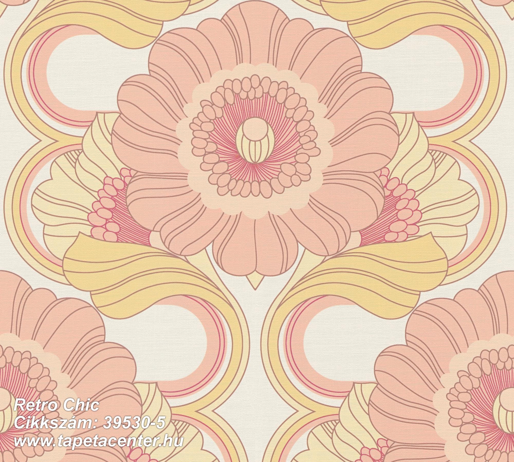 Retro,textil hatású,virágmintás,bézs-drapp,pink-rózsaszín,sárga,súrolható,vlies tapéta 